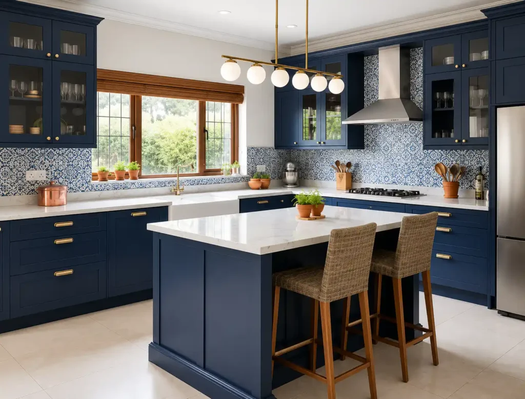 Spacious Modular Kitchen with Marble Island Counter