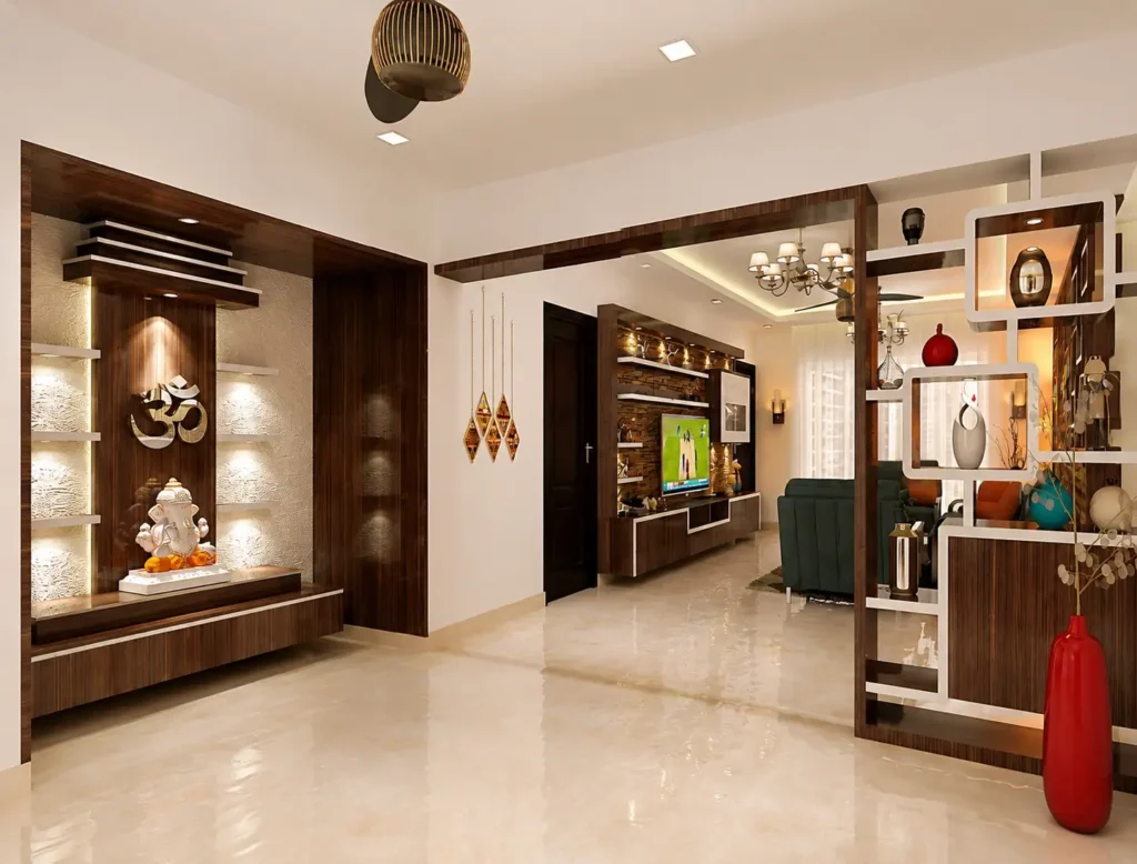 Luxury Living Space with Decorative Divider and Prayer Corner