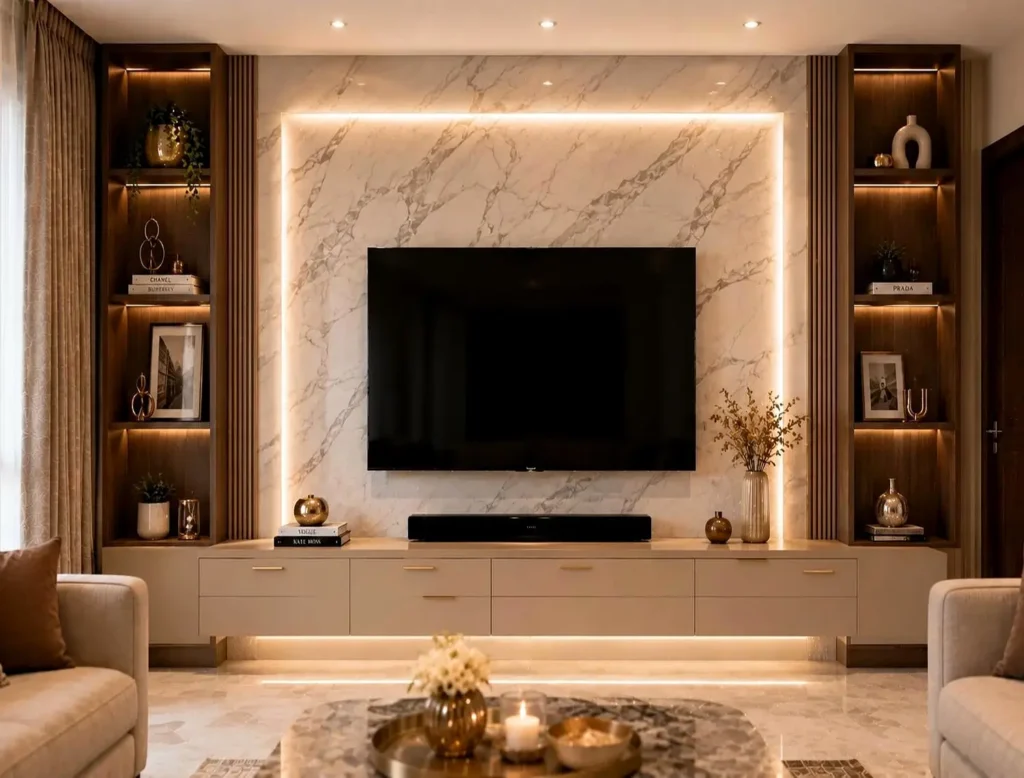 Contemporary Living Room with Floating Backlit TV Unit