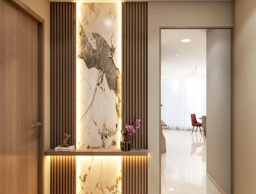 Foyer Design with Accent Wall Panelling TV Dis