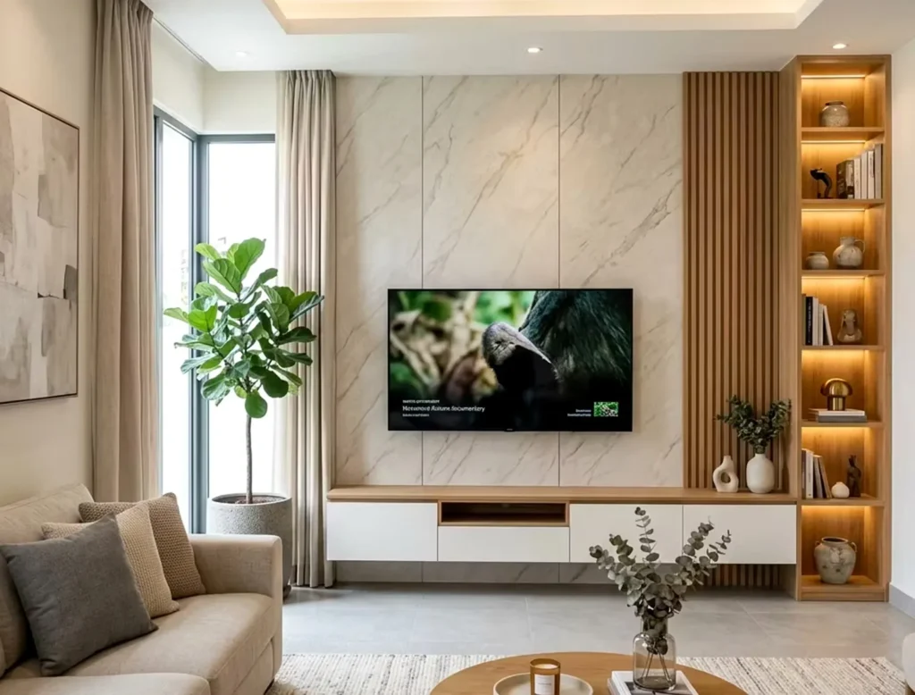 TV Unit with Marble Backdrop and Backlit Glass Displays